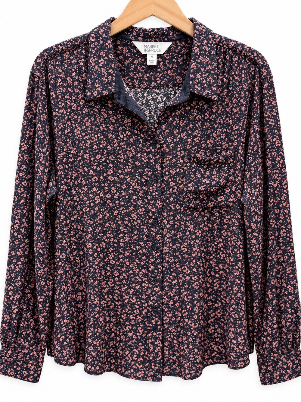Market & Spruce XL Navy Pink Ditsy Floral Button Down Blouse 100% Rayon